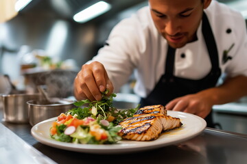 A close-up of a chef’s hand adding salad garnish to a plate with grilled salmon steak.