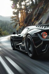 Wall Mural - A black sports car drives down a winding road