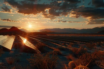 Poster - Sunset at a solar farm, a field of solar panels in the evening