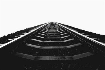 Poster - A black and white photo of a train track landscape with a serene atmosphere