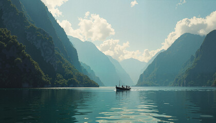 Wall Mural - Boat Floating on Serene Lake Surrounded by Mountains