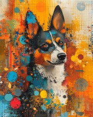 Colorful abstract portrait of a dog with splashes of paint.