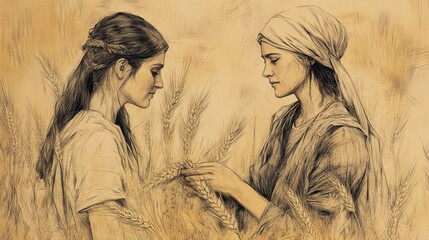 Wall Mural - Faith-Inspired Biblical Illustration: Ruth Meets Boaz, Discussing Boaz’s Generosity and Gleaning, Beige Background, Christian Artwork, Planning Scene