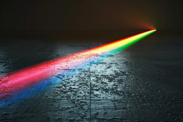 Single beam of rainbow-colored light on a black background, styled as a photonegative refractograph, showcasing vibrant and dynamic colors.