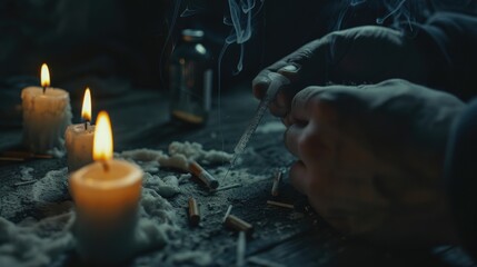 Canvas Print - A person lights a candle on a table in a quiet moment