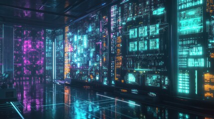 Poster - Futuristic Server Room with Neon Lights and Data Displays
