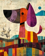 Wall Mural - Colorful abstract dog portrait in a geometric landscape with a blue sky and clouds.