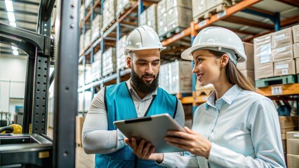 forklift driver and warehouse clerk with tablet pc.