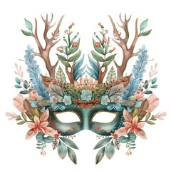 A forest creature mask, naturethemed face cover, watercolor illustration, isolated on white background