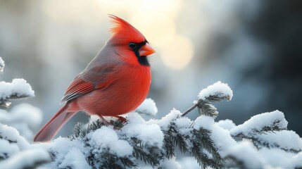 Wall Mural - Red Cardinal on a Snowy Pine Branch