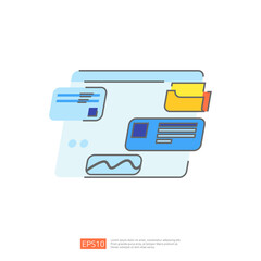 Poster - Illustration of a computer screen with various icons, including a folder, a document, and a graph. This vector illustration represents data management, organization, and digital information.