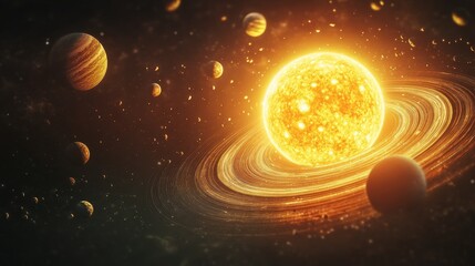 Wall Mural - solar system with planets and moons orbiting the sun, fantasy space background with swirling cosmic 