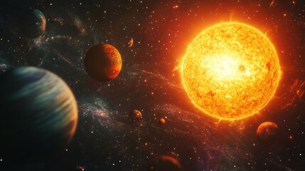 Wall Mural - solar system with planets and moons orbiting the sun, fantasy space background with swirling cosmic 