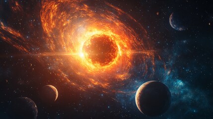 Wall Mural - solar system with planets and moons orbiting the sun, fantasy space background with swirling cosmic 