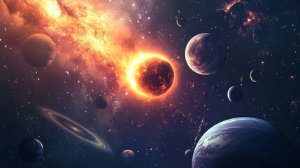 Wall Mural - solar system with planets and moons orbiting the sun, fantasy space background with swirling cosmic 