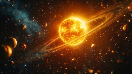 Wall Mural - solar system with planets and moons orbiting the sun, fantasy space background with swirling cosmic 