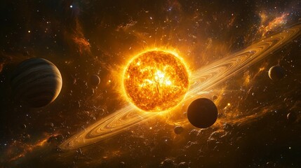 Wall Mural - solar system with planets and moons orbiting the sun, fantasy space background with swirling cosmic 