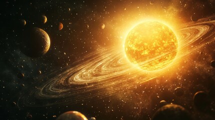 Wall Mural - solar system with planets and moons orbiting the sun, fantasy space background with swirling cosmic 
