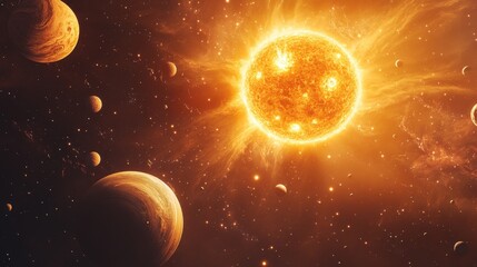 Wall Mural - solar system with planets and moons orbiting the sun, fantasy space background with swirling cosmic 