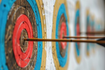 Poster - Close-up shot of arrows in a bullseye target, ideal for sports or game-themed illustrations