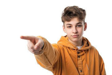 Poster - A young man wearing an orange jacket points at the camera, attention-grabbing and curious