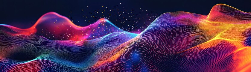 Poster - Abstract Wavy Landscape with Colorful Dots and Glowing Particles
