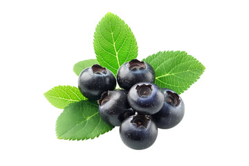 Poster - A cluster of ripe black huckleberry with vibrant green leaves, isolated on a white transparent background.