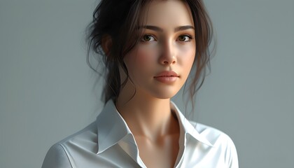 An elegant woman wearing a white shirt with natural makeup, deep eyes and a simple background.