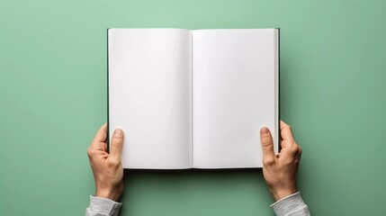 hands holding opened white book designed for mockup in green screen background