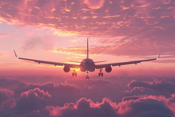 Poster - An airplane soaring through a clear blue sky with fluffy white clouds below, ideal for travel or adventure scenes