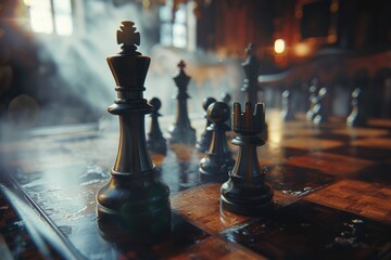 Poster - A close-up view of chess pieces on a chess board, ideal for use in illustrations or graphics