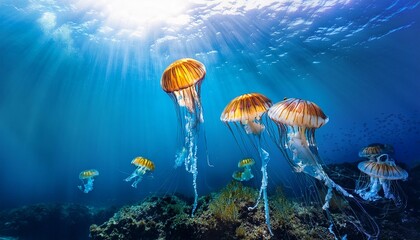 Vibrant jellyfish jellies Drifting Gracefully in Sunlit Ocean Waters