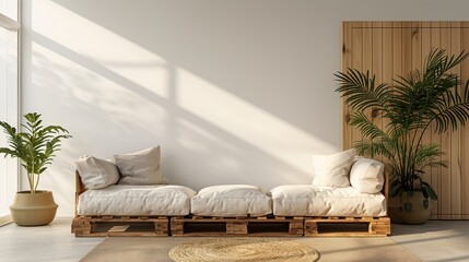 Canvas Print - Pallet Furniture in Bright Minimalist Living Room with Eco-Friendly Decor.