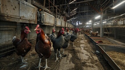 Poster - A group of chickens standing together in a rustic barn setting, perfect for farm-themed projects or rural lifestyle imagery