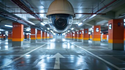 Poster - A camera mounted to the ceiling of a parking garage, providing surveillance and security