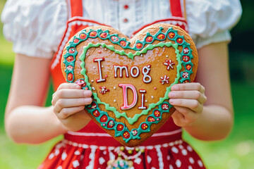 Wall Mural - A close-up of a gingerbread heart with vibrant decorations and the message 