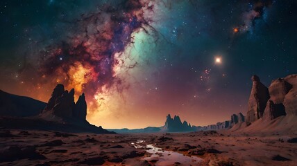Wall Mural - Cosmic landscape featuring vivid nebulas and rocky terrain at twilight
