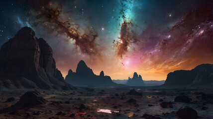 Wall Mural - Cosmic landscape featuring vivid nebulas and rocky terrain at twilight