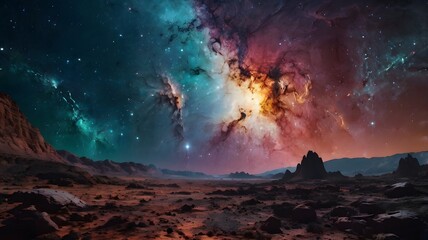 Wall Mural - Cosmic landscape featuring vivid nebulas and rocky terrain at twilight
