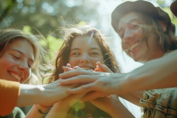 Poster - Group of people forming a human chain, standing together and holding hands