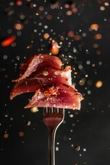 Wall Mural - Slices of bacon with spices on Fork with Flaming Sparks