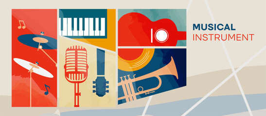 Classic retro style musical instrument, vintage. This design has a concept for celebrating a music party by featuring guitar, drum, trumpet, vinyl records, piano and mic. Music Festival