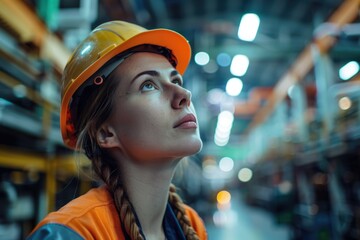 Poster - A woman wearing a hard hat in a warehouse setting