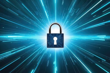 Poster - Modern Cybersecurity Artwork Showcasing Advanced Lock Design and Data Streams on Vibrant Electric Blue Background