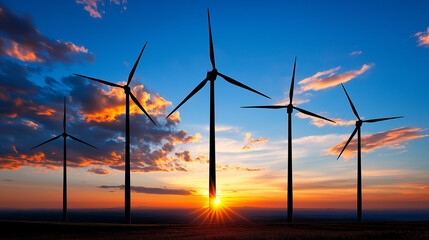 A scenic landscape showcasing a field of wind turbines against a sunset, highlighting the beauty and potential of renewable energy in natural environments