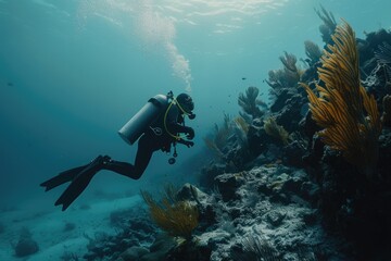 Wall Mural - A person dives into the ocean with scuba equipment, suitable for use as an illustration for articles about scuba diving or underwater exploration