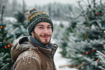 Poster - A person standing in front of a decorated Christmas tree, perfect for holiday season or winter themed projects