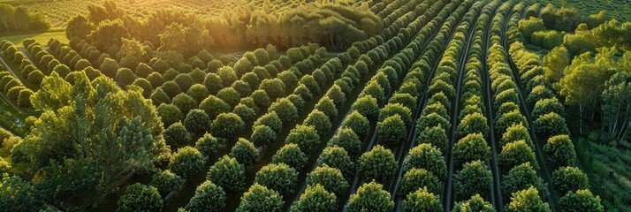 Wall Mural - Aerial sunset view over rows of mature plum or pear trees in a rural orchard.