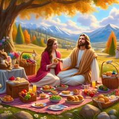 Jesus and a Woman Enjoying a Picnic in a Beautiful Landscape