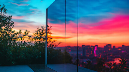 Wall Mural - A reflective mirror surface capturing the reflection of a cityscape at sunset. The mirror is placed on an outdoor terrace, and the vibrant colors of the setting sun are mirrored perfectly, creating a 